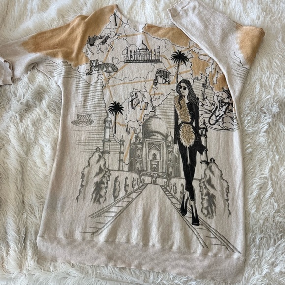 Mesh+Lace Graphic Long Sleeve Top with India Theme with Rhinestones - Picture 8 of 9